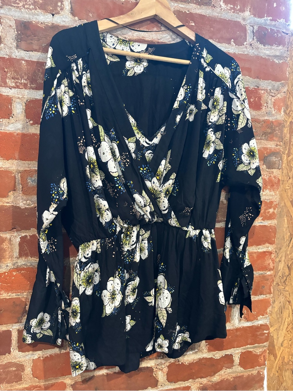 Free People Black Floral Wrap Peplum Blouse with White & Green Accents